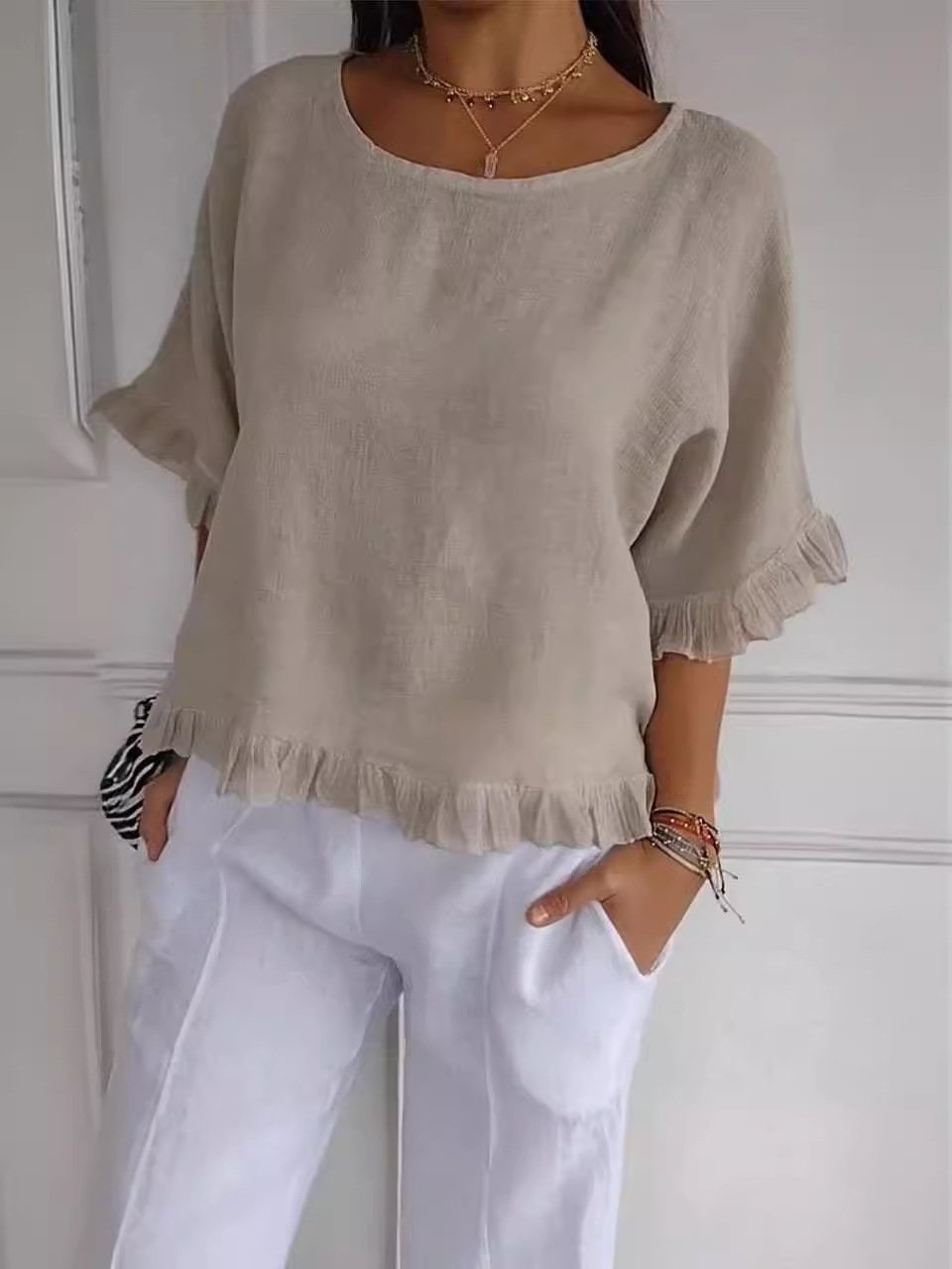 🔥This week's hot sale🔥Round Neck Ruffled Hem Mid-sleeve Cotton and Linen Top