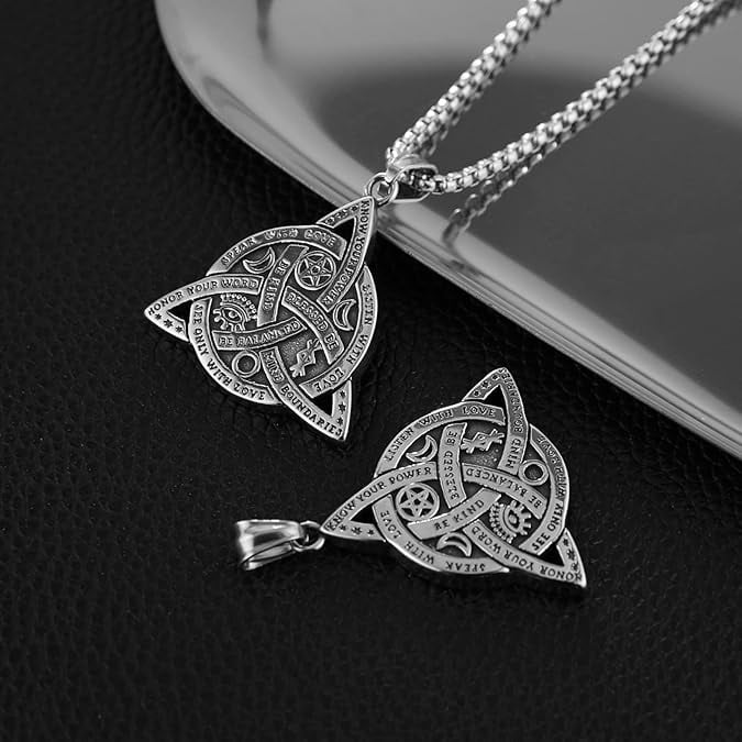 Double Sided Stainless Steel Triple Goddess Celtic Irish Knot Pendant Necklace