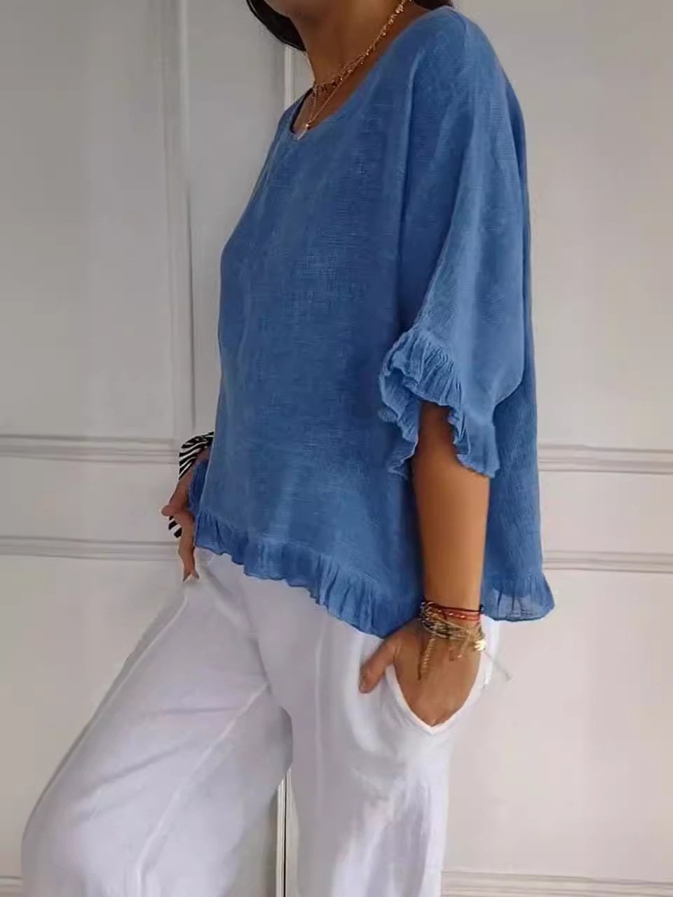 🔥This week's hot sale🔥Round Neck Ruffled Hem Mid-sleeve Cotton and Linen Top