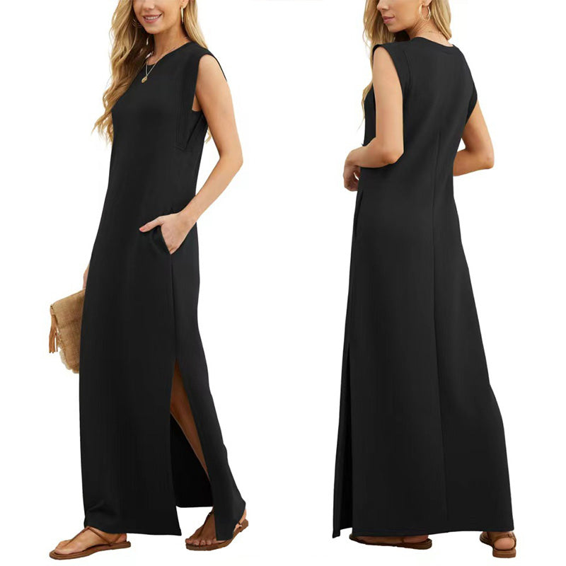 Women Casual Loose Fit Split Hem Wrinkle-Free Long Maxi Dress