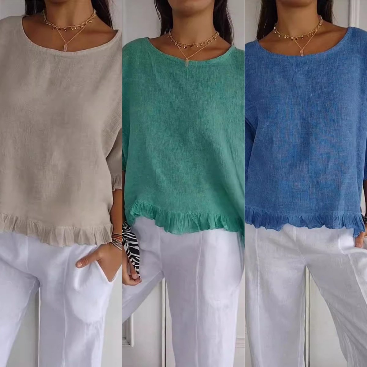 🔥This week's hot sale🔥Round Neck Ruffled Hem Mid-sleeve Cotton and Linen Top