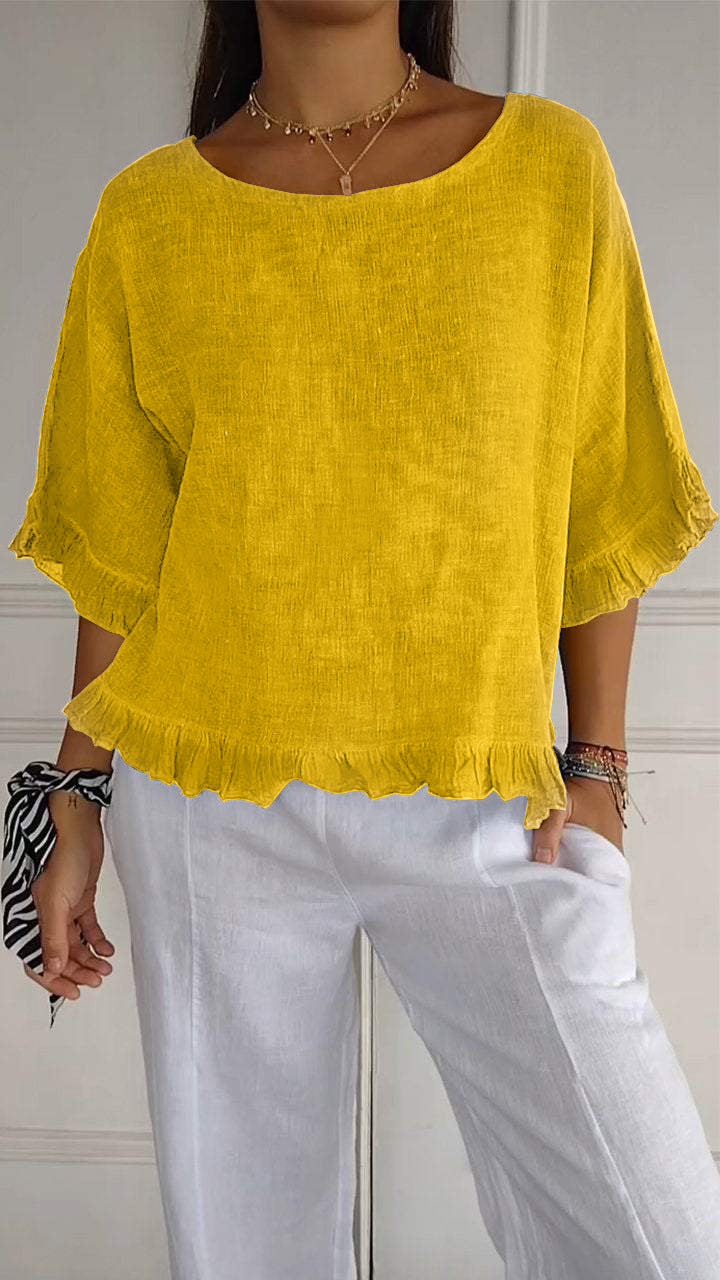 🔥This week's hot sale🔥Round Neck Ruffled Hem Mid-sleeve Cotton and Linen Top