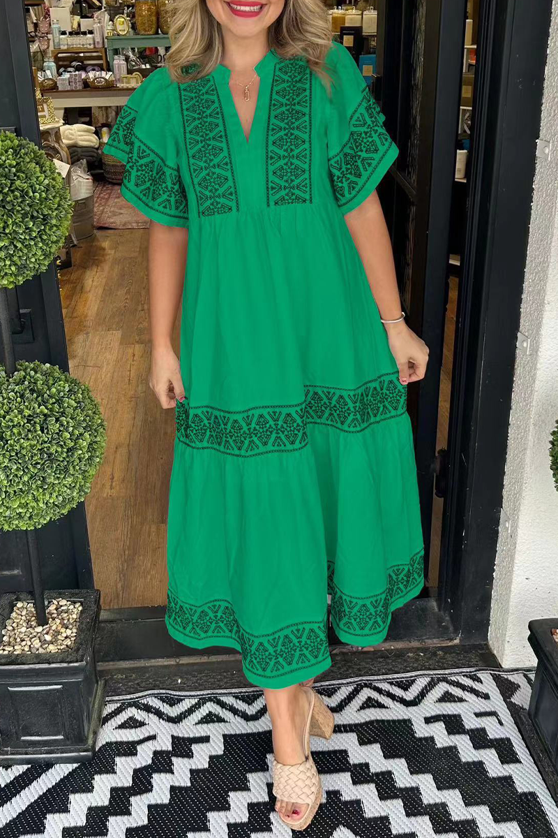 🔥This week's hot sale🔥Geometric print patchwork V-neck A-line short-sleeved dress