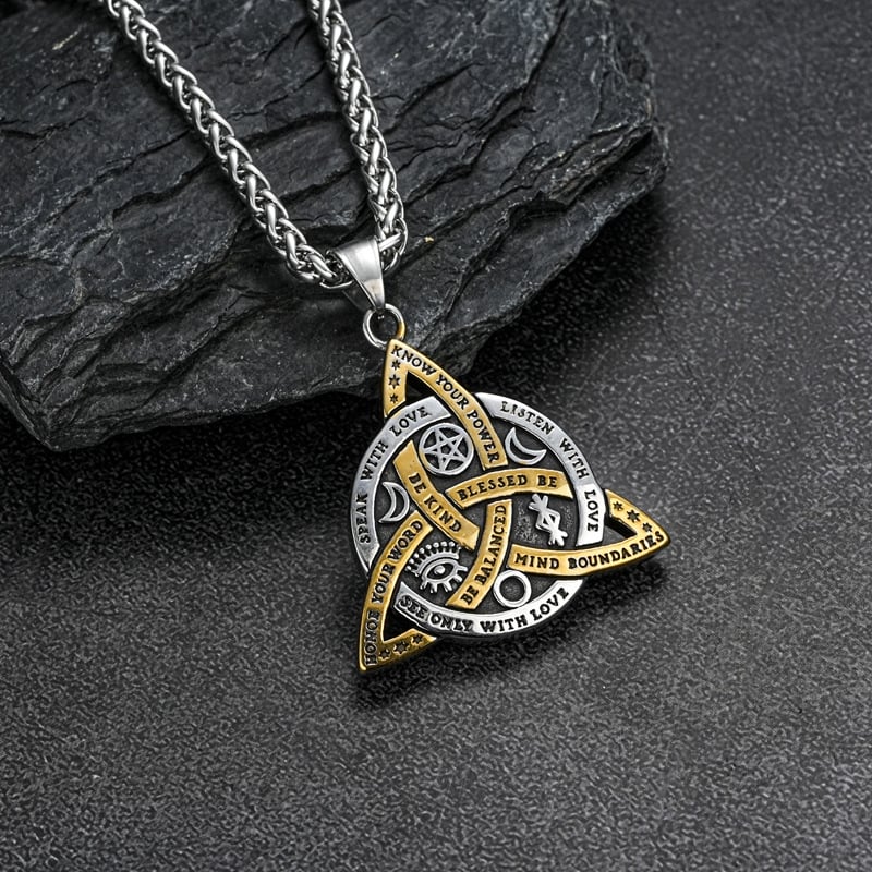 Double Sided Stainless Steel Triple Goddess Celtic Irish Knot Pendant Necklace