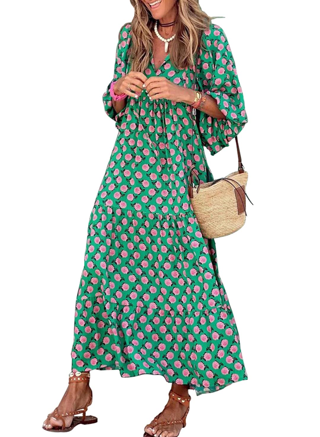 🔥This week's hot sale🔥womens puff sleeve geometric bohemian maxi dresses
