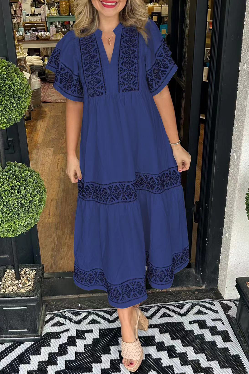 🔥This week's hot sale🔥Geometric print patchwork V-neck A-line short-sleeved dress