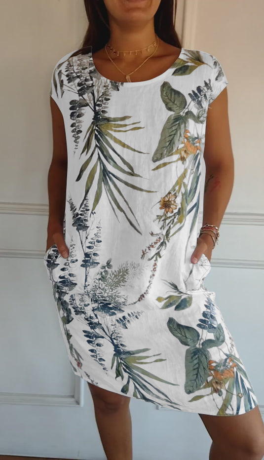 🔥This week's hot sale🔥Women's Cotton & Linen Round Neck Printed Dress