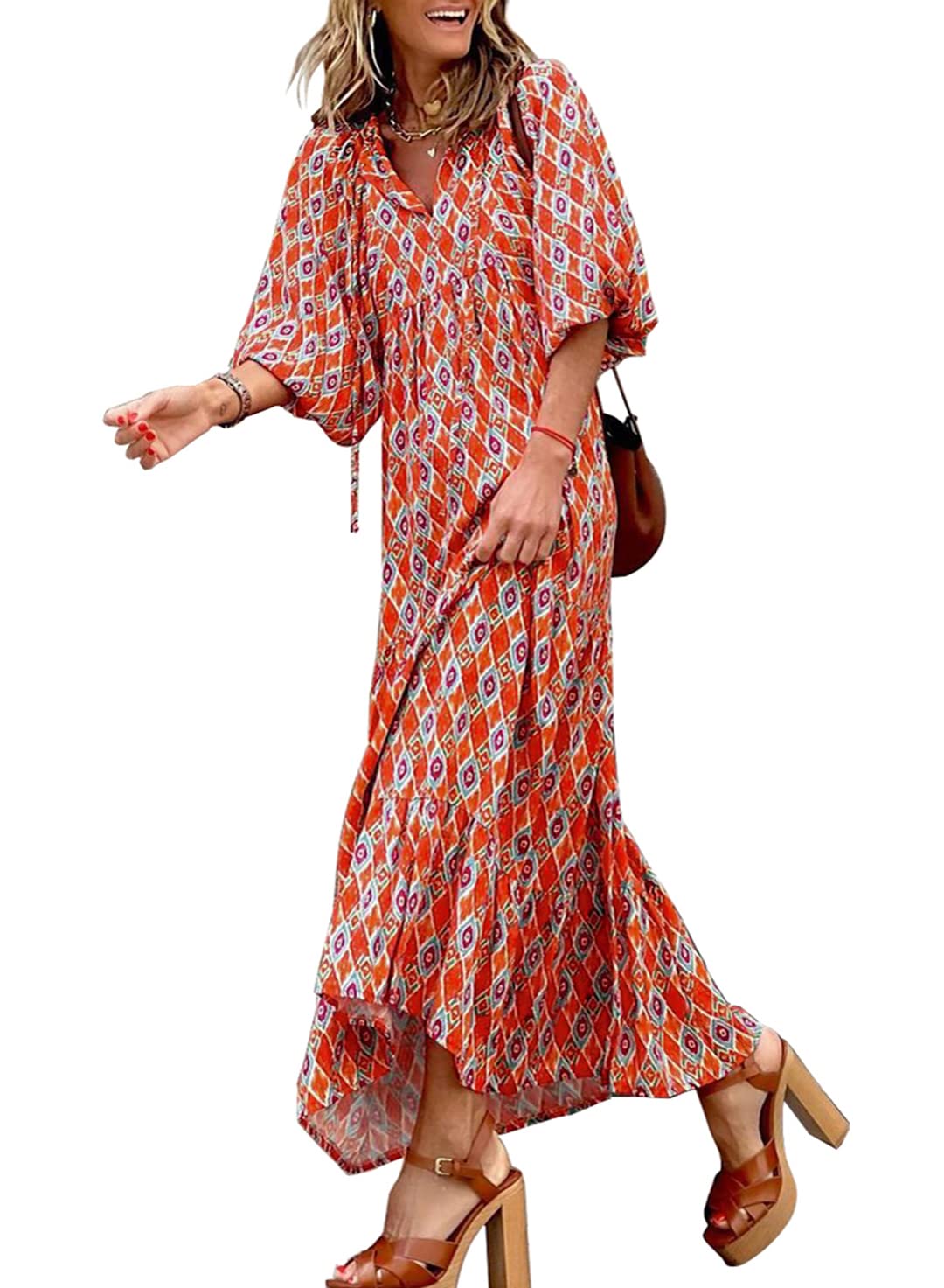 🔥This week's hot sale🔥womens puff sleeve geometric bohemian maxi dresses