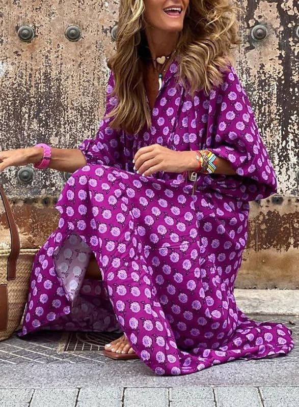 🔥This week's hot sale🔥womens puff sleeve geometric bohemian maxi dresses