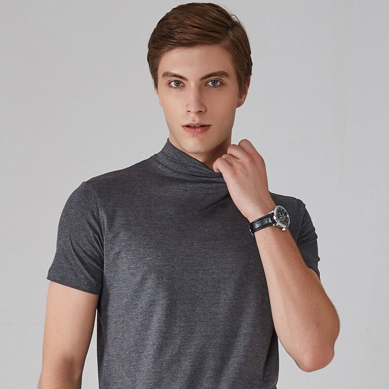 Men's solid color high collar slim fit T-shirt