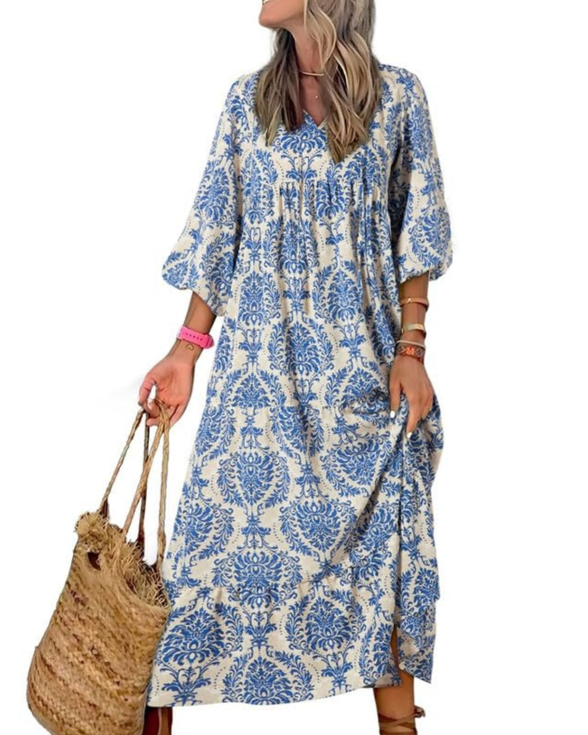 🔥This week's hot sale🔥womens puff sleeve geometric bohemian maxi dresses