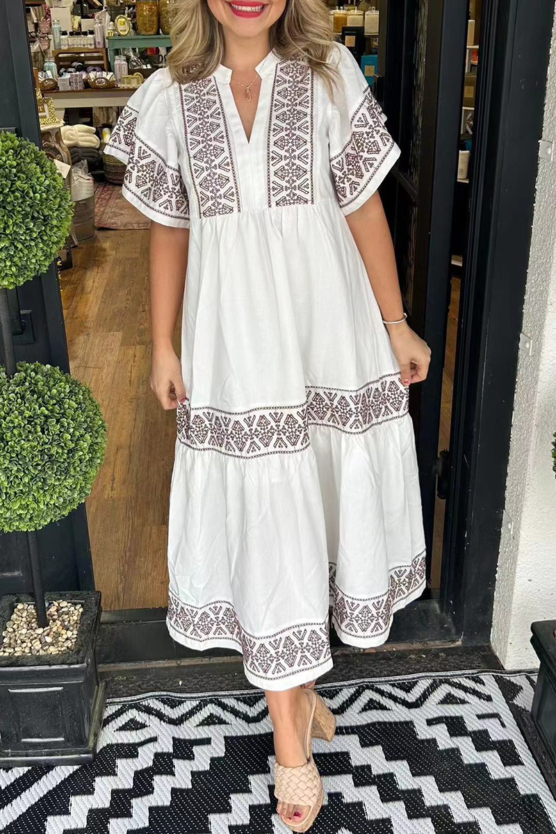 🔥This week's hot sale🔥Geometric print patchwork V-neck A-line short-sleeved dress