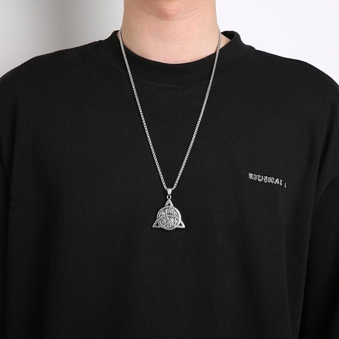 Double Sided Stainless Steel Triple Goddess Celtic Irish Knot Pendant Necklace