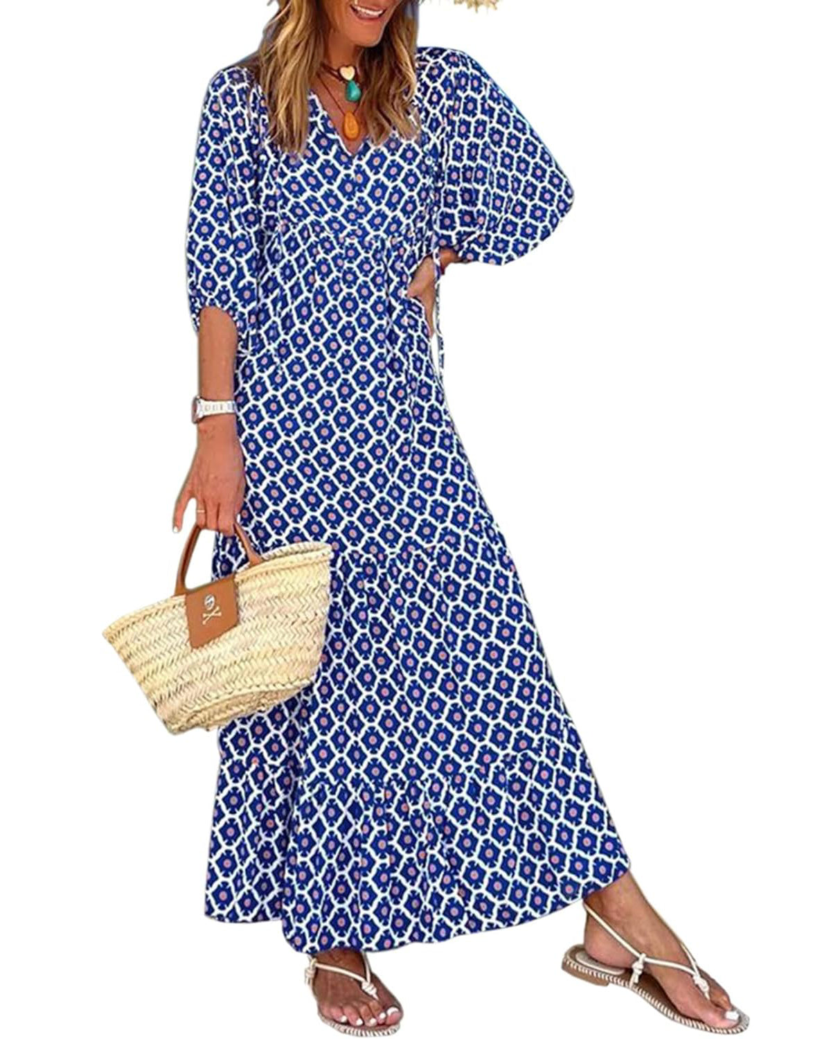 🔥This week's hot sale🔥womens puff sleeve geometric bohemian maxi dresses