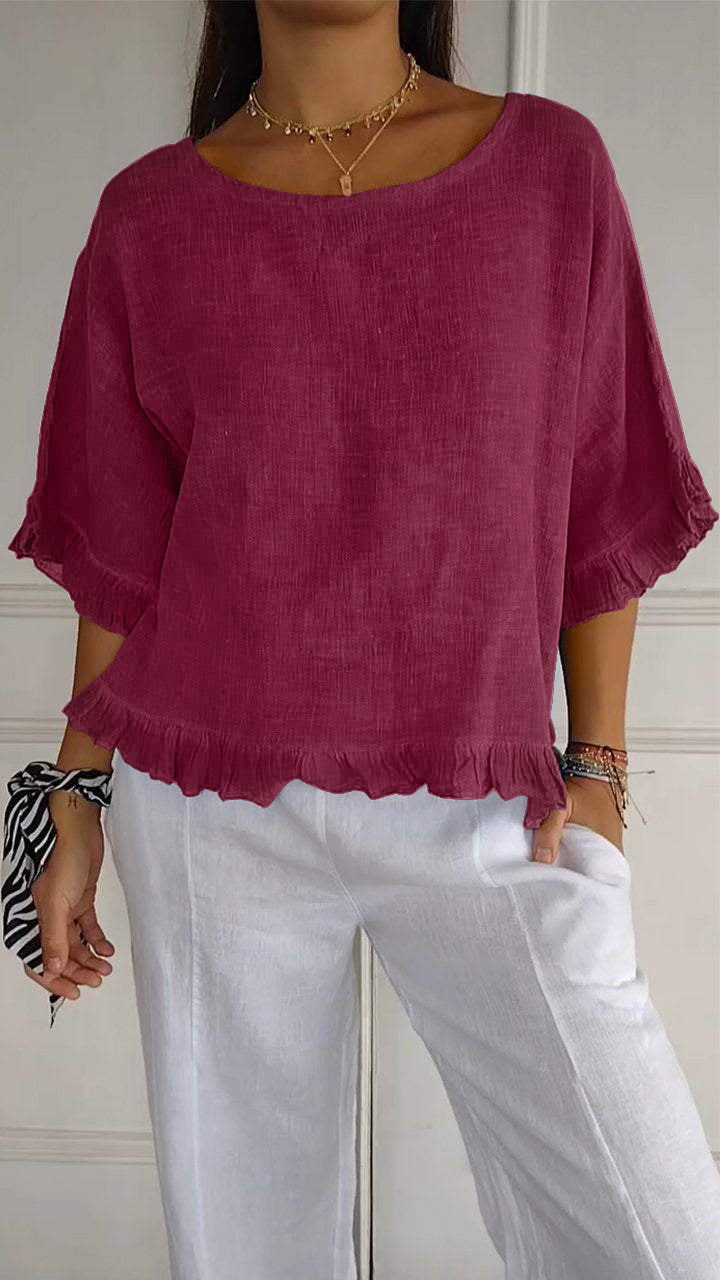 🔥This week's hot sale🔥Round Neck Ruffled Hem Mid-sleeve Cotton and Linen Top