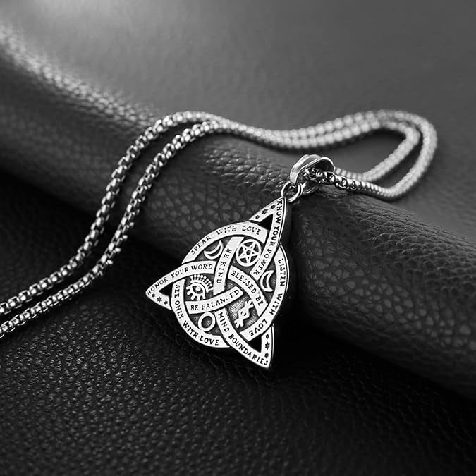 Double Sided Stainless Steel Triple Goddess Celtic Irish Knot Pendant Necklace