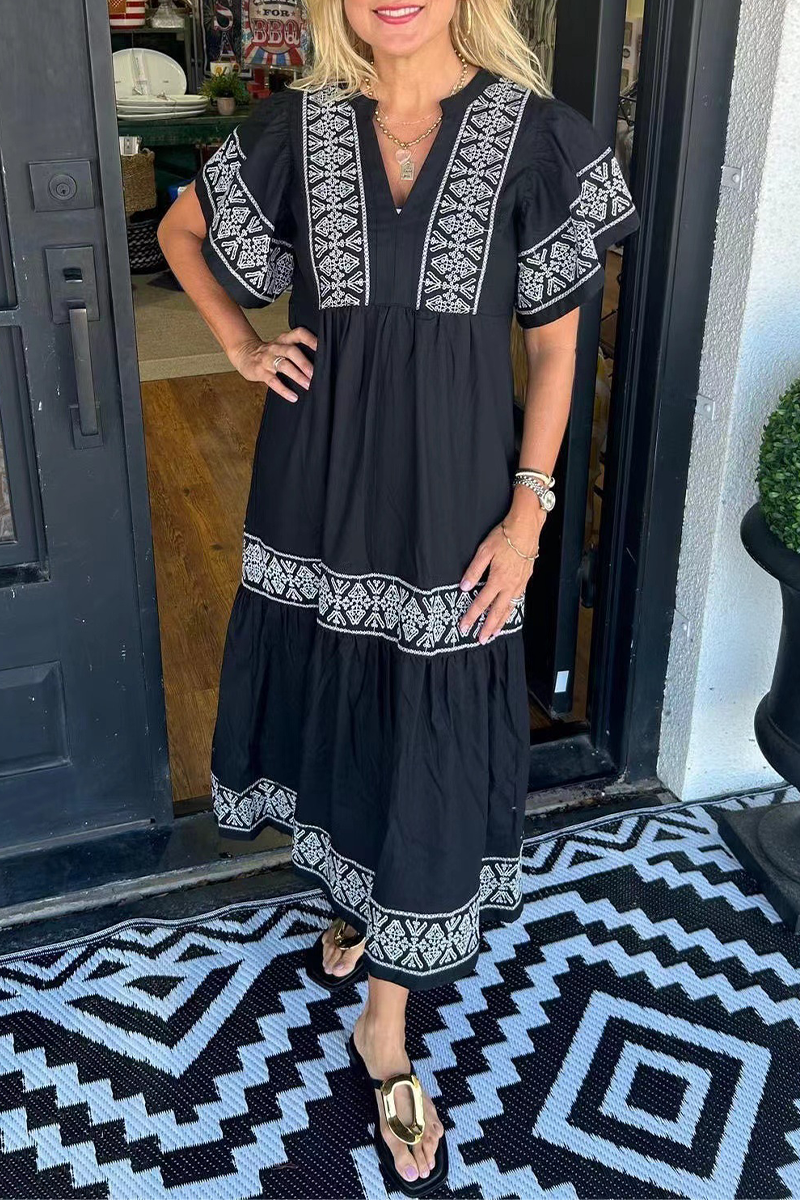 🔥This week's hot sale🔥Geometric print patchwork V-neck A-line short-sleeved dress