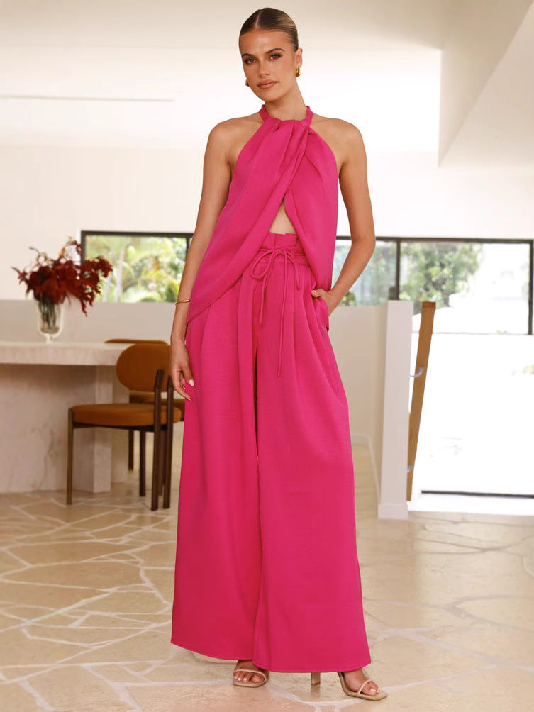 🔥This week's hot sale🔥Hanging neck slit top and wide-leg pants set