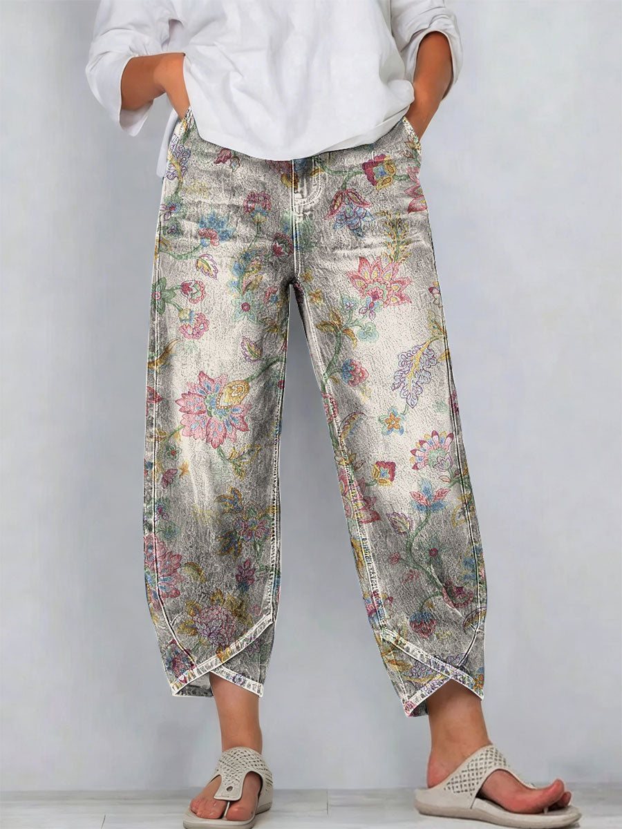 Women's Vintage Minimalist Denim Trousers with Contrasting Color Patterns