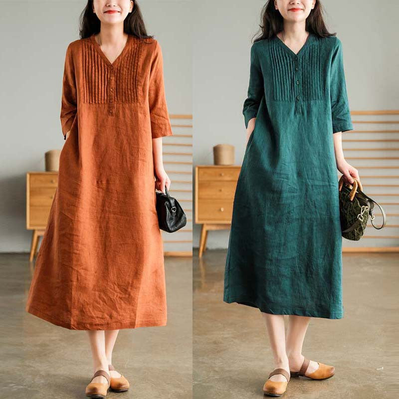 🔥This week's hot sale🔥Women's Cotton Linen V-Neck Half Sleeve Dress